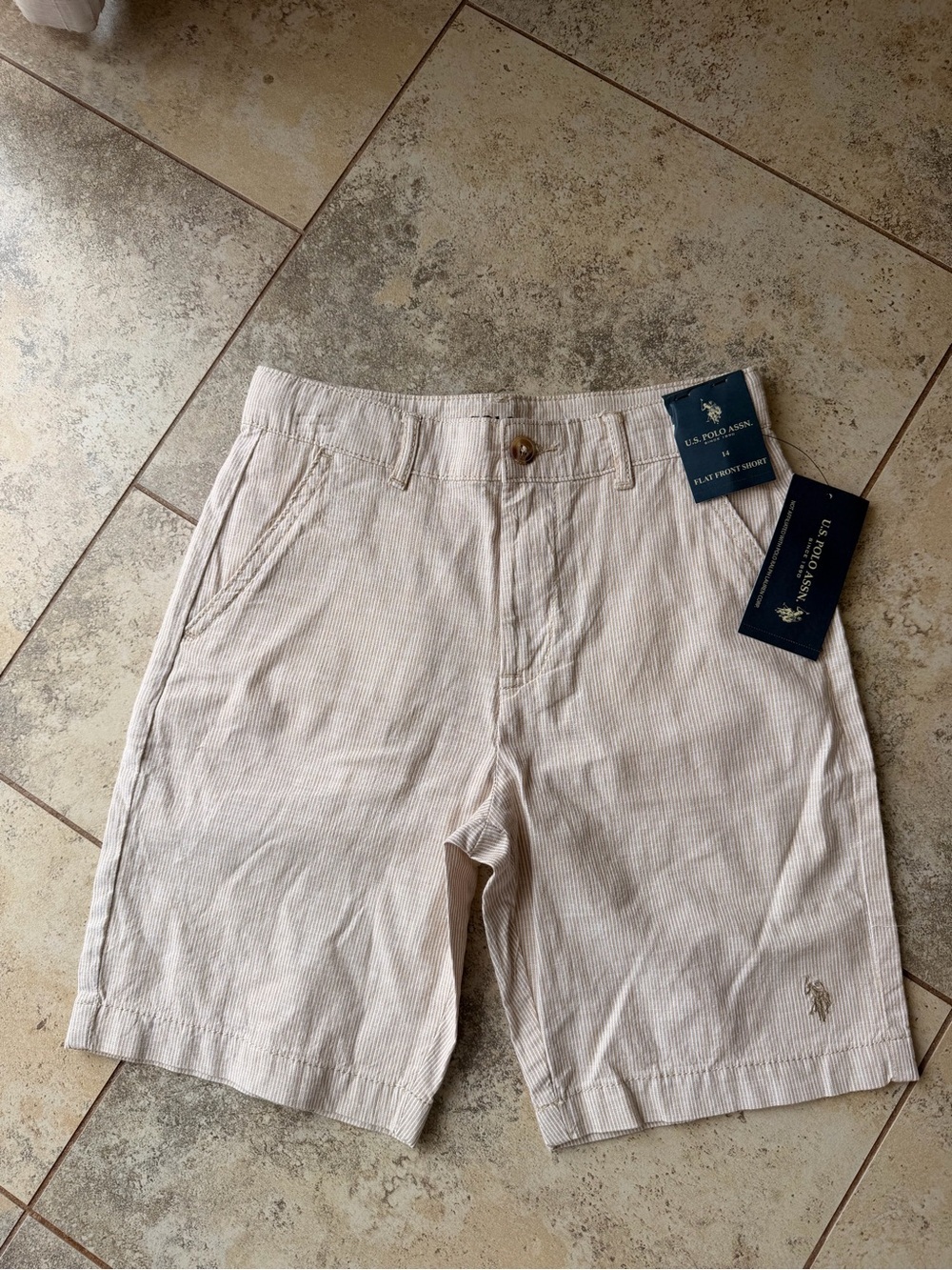 U.S. Polo Assn Boys Hartford Flat Front Shorts Size 14 Tan Stripe NWT